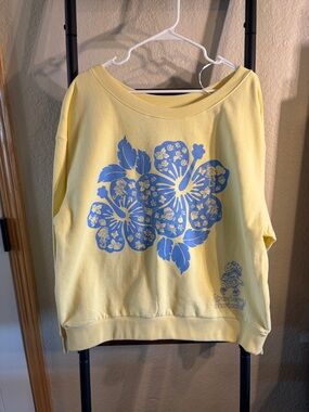 Off-the-Shoulder Yellow Sweater with Blue Floral Print